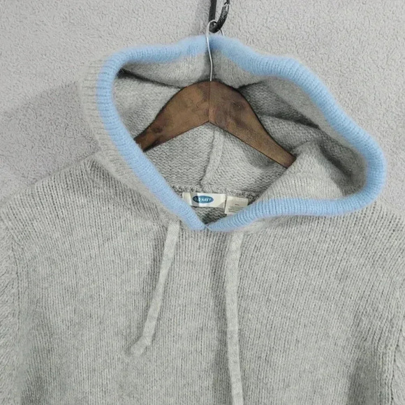 Vintage y2k Old Navy XL Gray Lambswool Pom Pom Hooded Sweater Women's  5PT - Picture 6 of 7